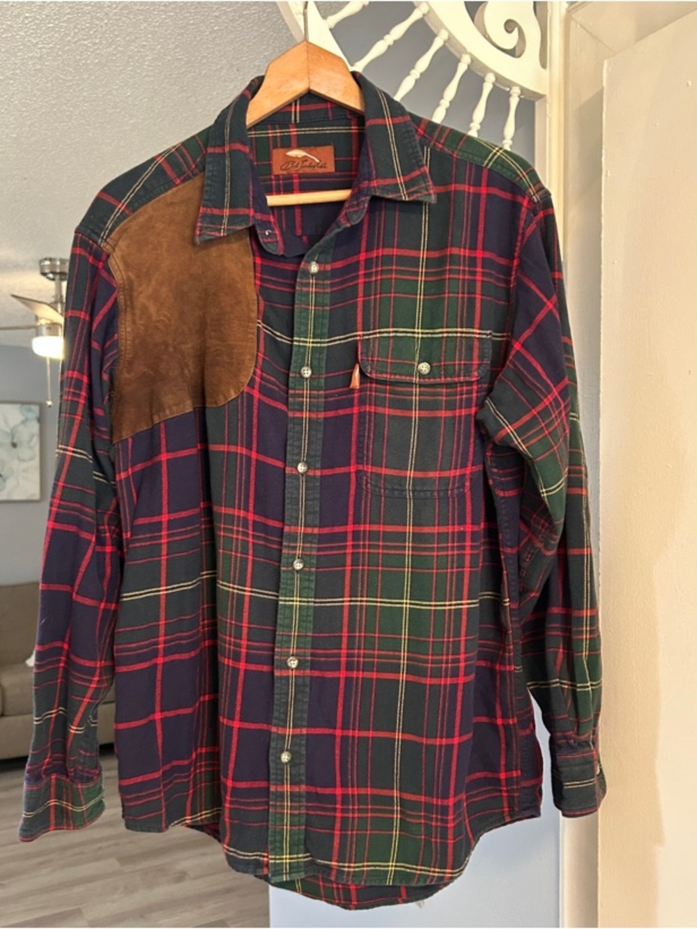 Bob Timberlake Vintage Plaid Flannel Shirt Brown Shoulder Patch Green/Red Size L